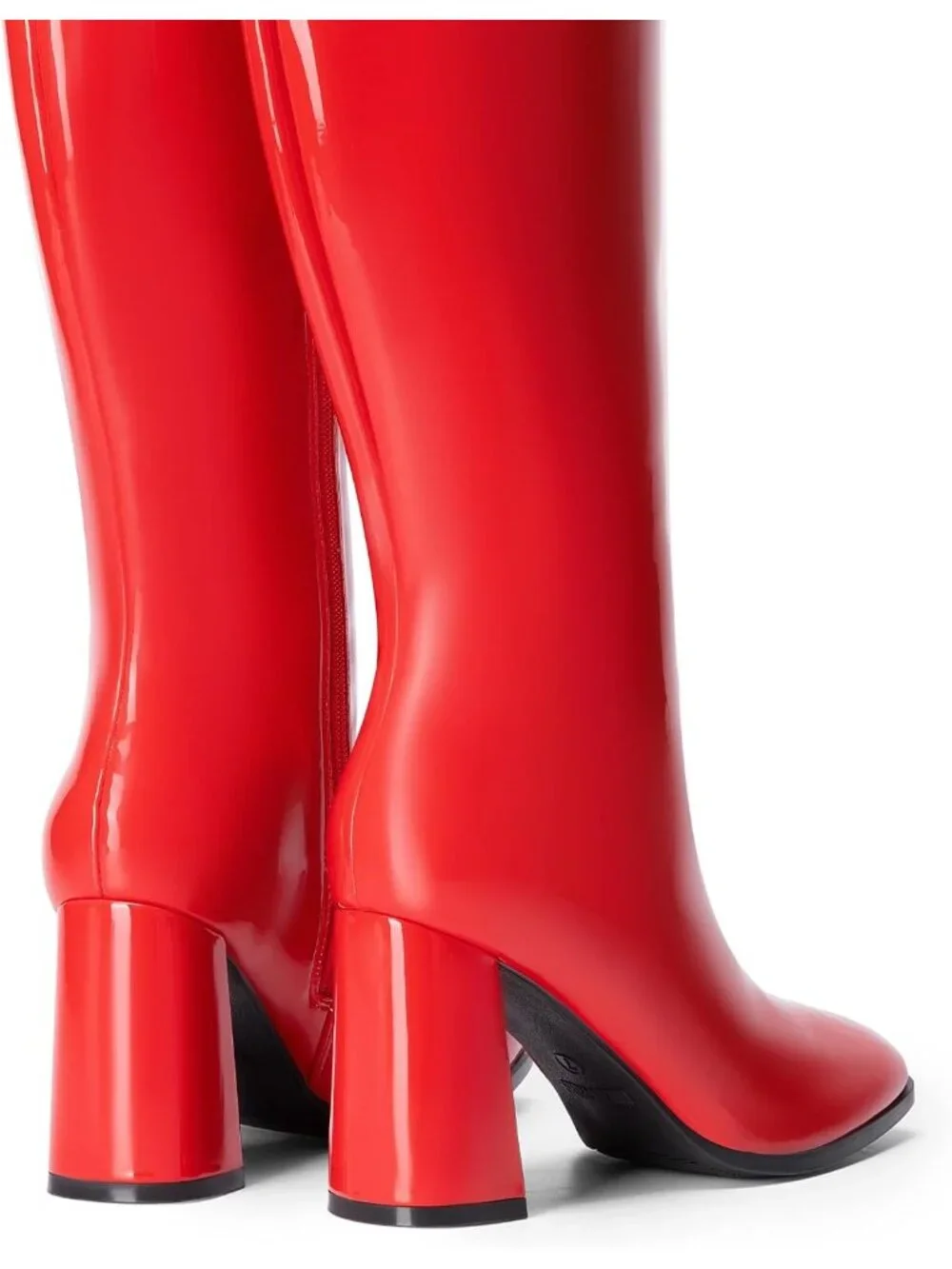Women's Red Pat Chunky Block Heeled Square Toe Side Zipper Knee High Boots